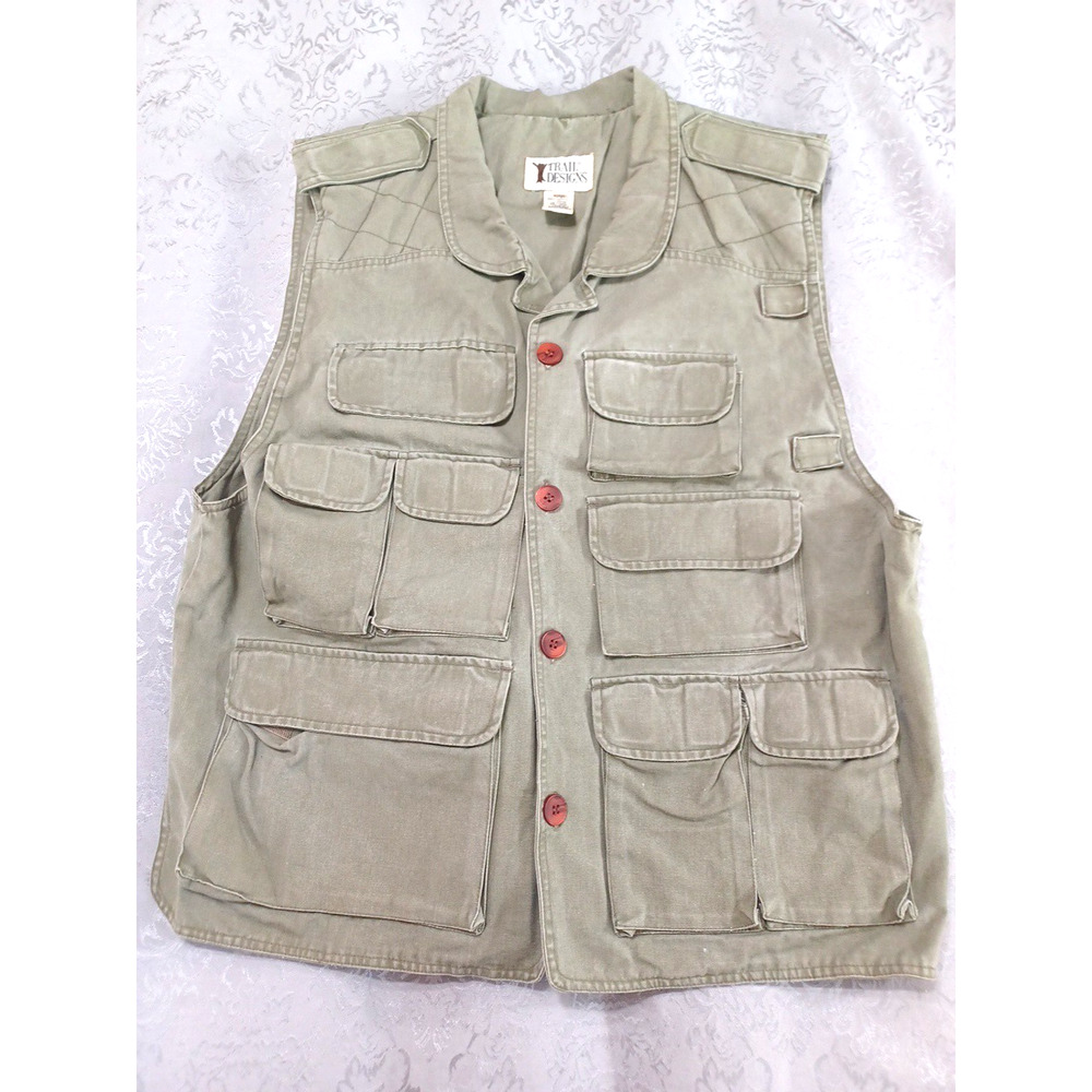 VTG Trail Mens Sz L Green Fishing Vest Hunting Photography Utility Canvas*STAIN